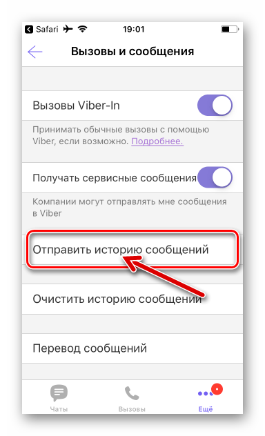 Viber для iOS функция Отправить историю сообщений, активированная с помощью ссылки в меню настроек мессенджера