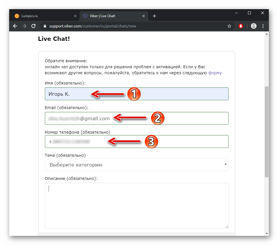 Viber заполнение формы обратной связи перед открытием чата с технической поддержкой мессенджера