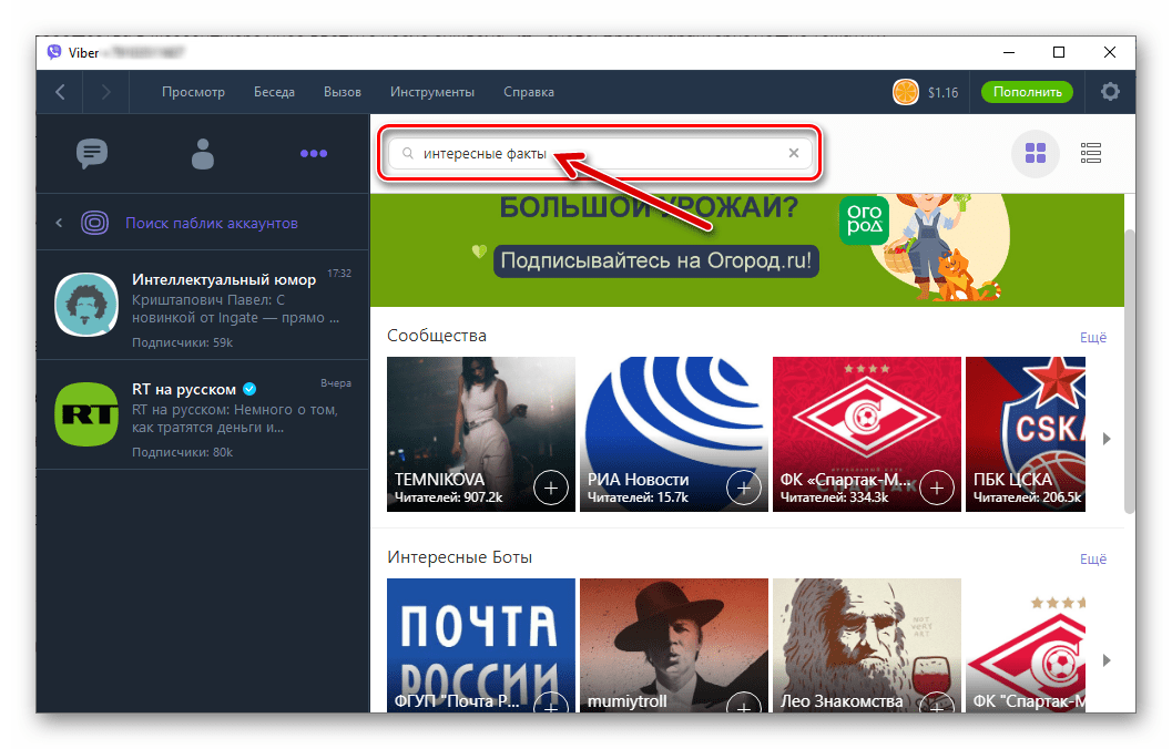 Viber для Windows ввод поискового запроса, чтобы найти паблик аккаунт в мессенджер