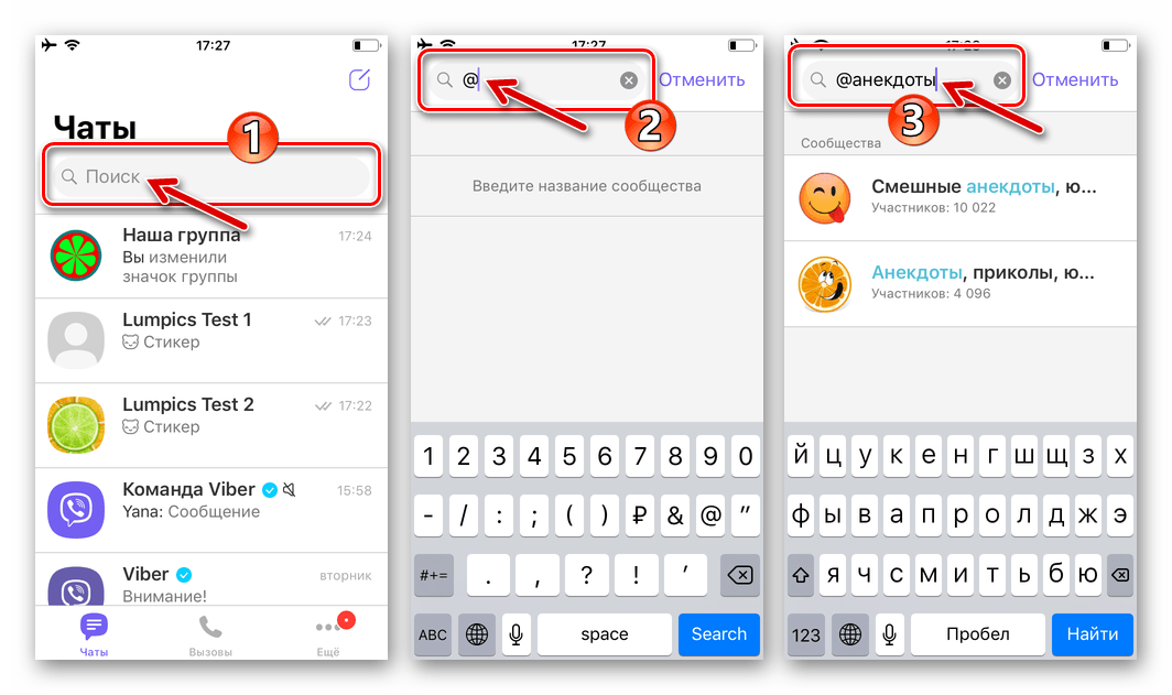 Viber для iOS ввод запроса для поиска сообщества в мессенджере