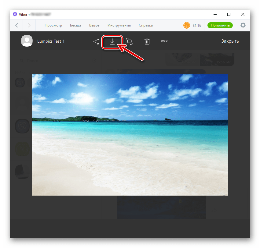 Viber для ПК скачать фото из окна режима полноэкранного просмотра в мессенджере