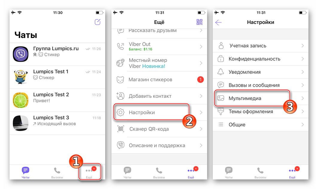 Viber для iPhone переход в раздел Мультимедиа Настроек мессенджера