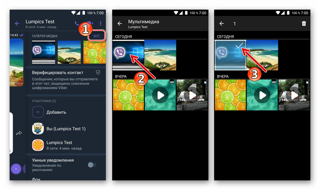 Viber для Android выбор удаляемых из чата фотографий в Галерее Медиа