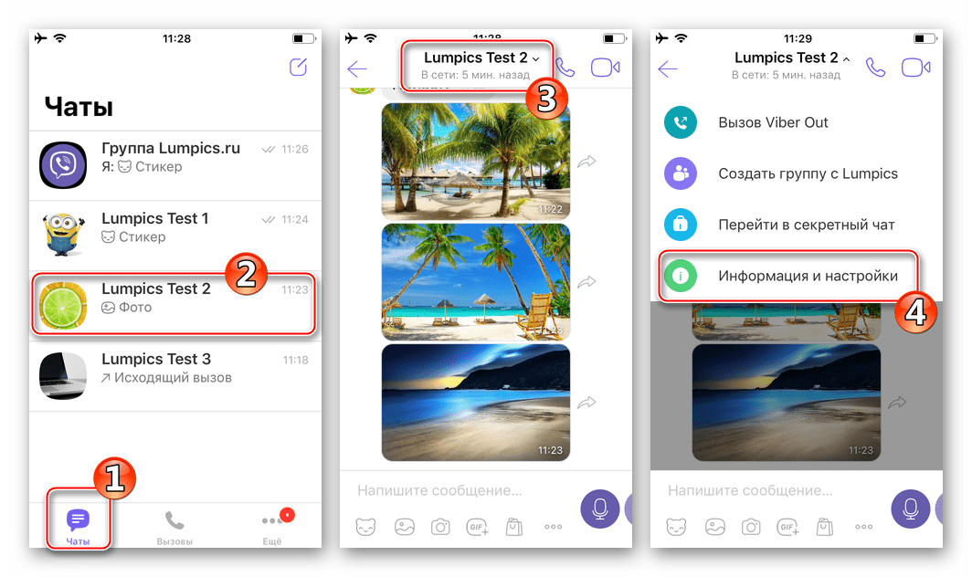 Viber для iPhone Переход в Информацию и настройки диалога или группового чата в мессенджере