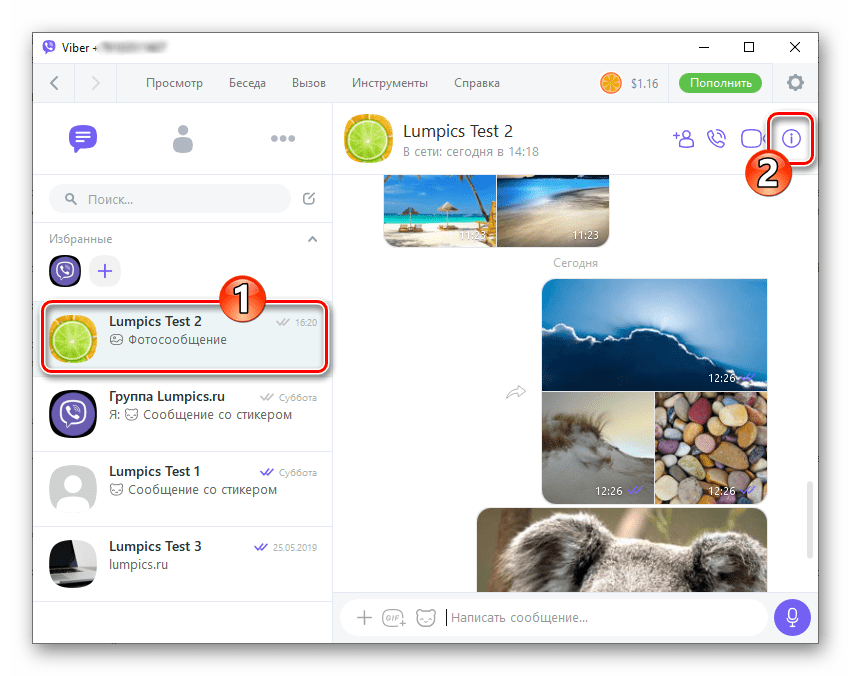 Viber для Windows открытие области с информацией и опциями чата