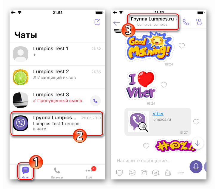 Viber для iPhone открытие группового чата и переход в его настройки