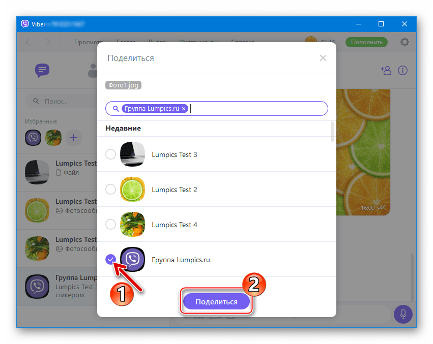 Viber для ПК выбор диалога или группового чата для отправки фотографии