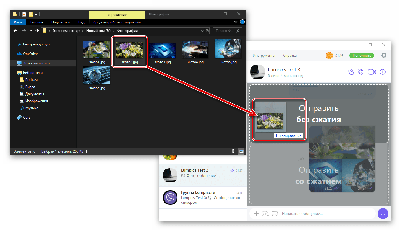 Viber для ПК пересылка фотографии через мессенджер путем ее перетаскивания в область переписки