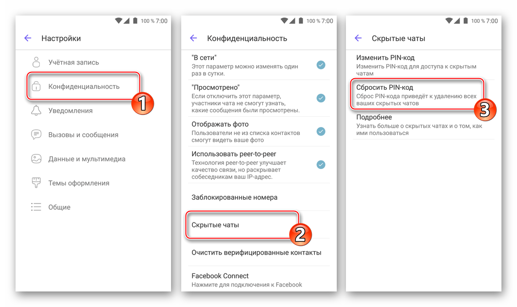 Viber для Android Конфиденциальность - Скрытые чаты - Сбросить PIN-код