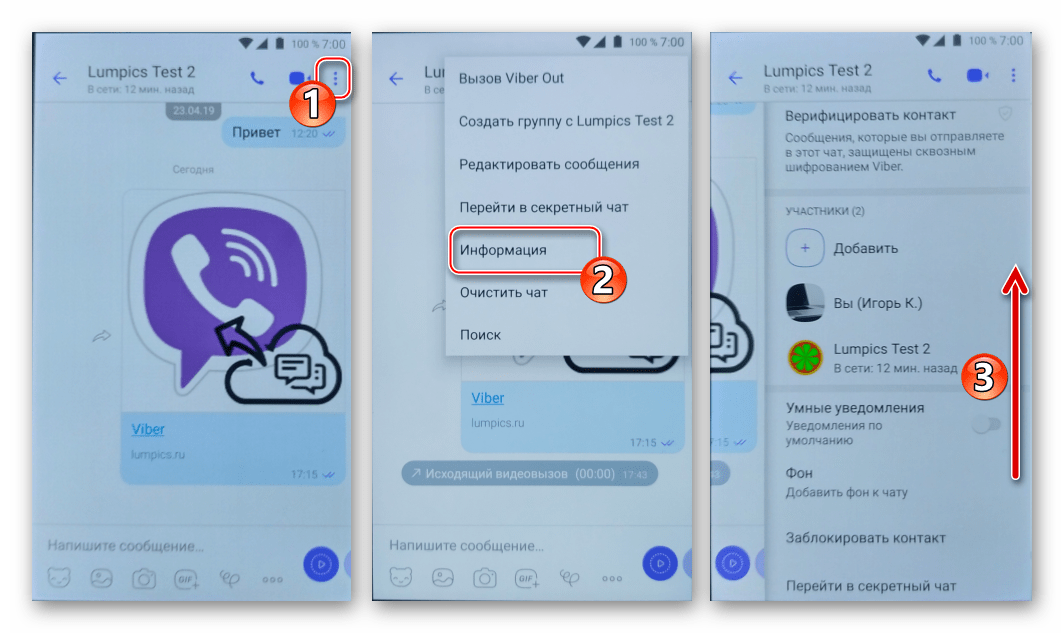 Viber для Android меню Информация скрытого чата
