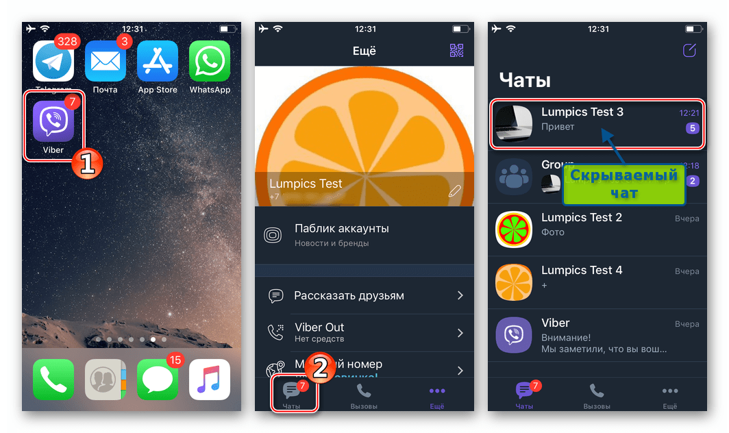 Viber для iPhone - запуск мессенджера, переход в раздел Чаты для скрытия диалога или группы
