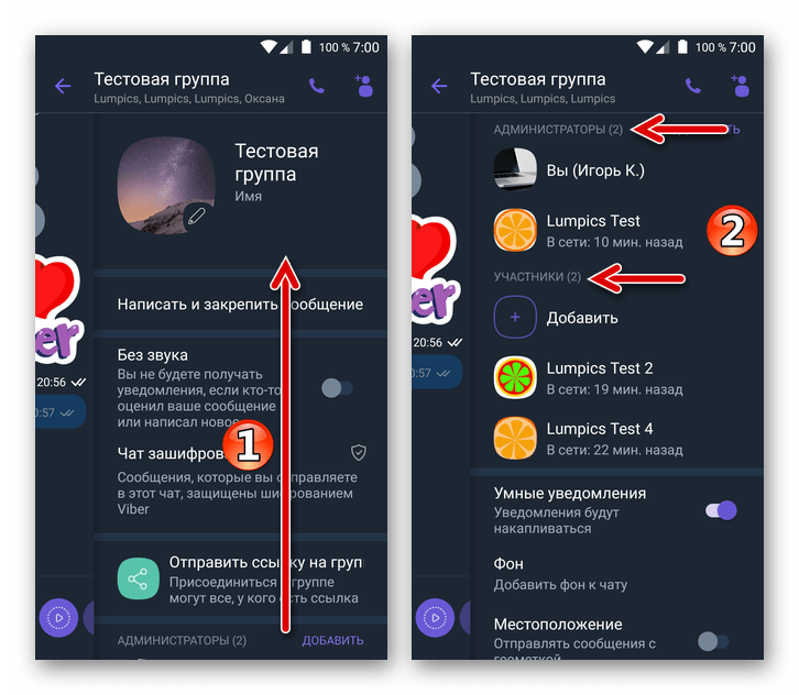 Viber для Android Участники и администраторы группового чата в меню его опций