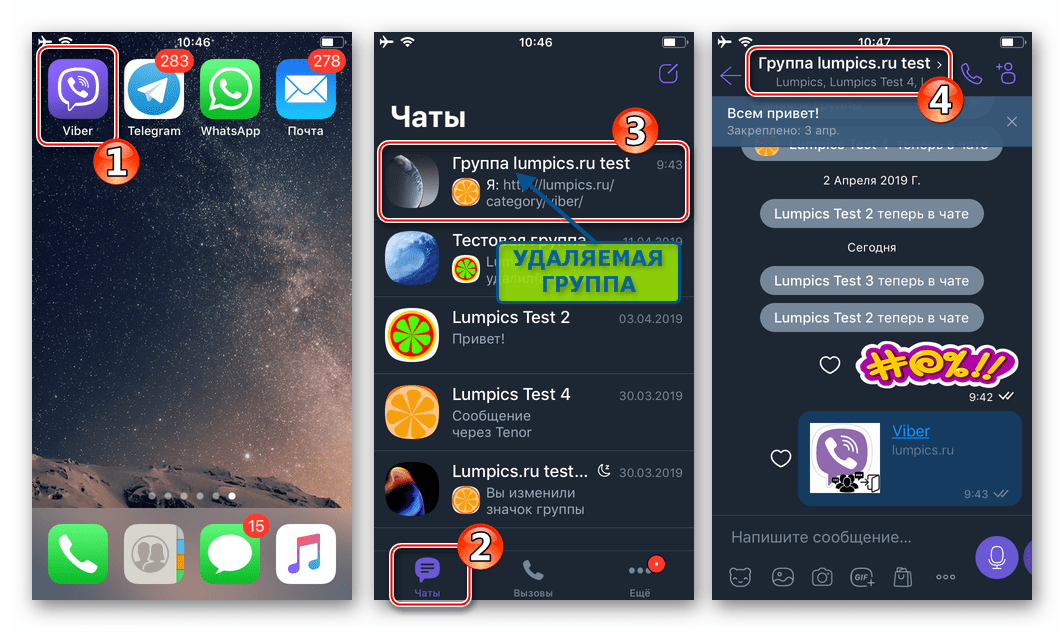 Viber для iPhone запуск мессенджера, переход в группу, которую нужно удалить