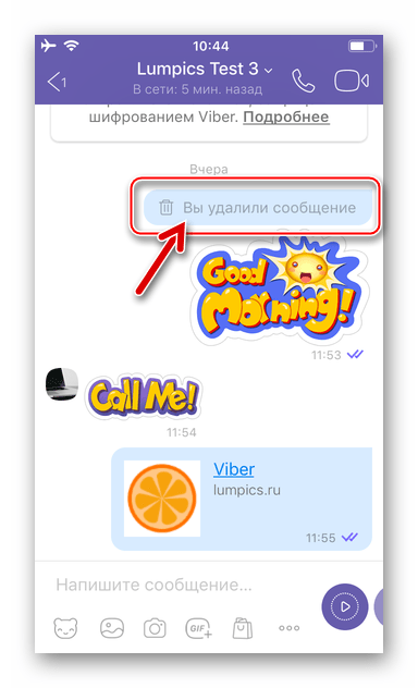 Viber для iPhone уведомление об удалении сообщения собственноручно или собеседником
