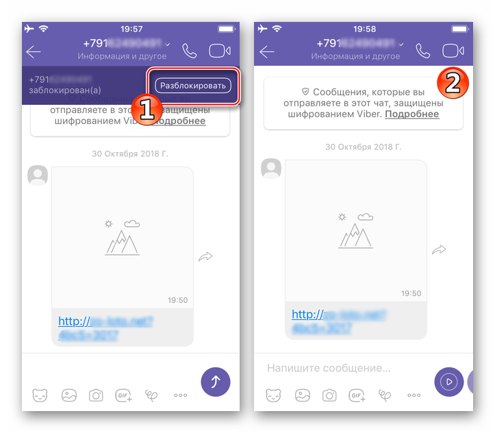 Viber для iPhone кнопка Разблокировать на экране диалога с контактом из черного списка