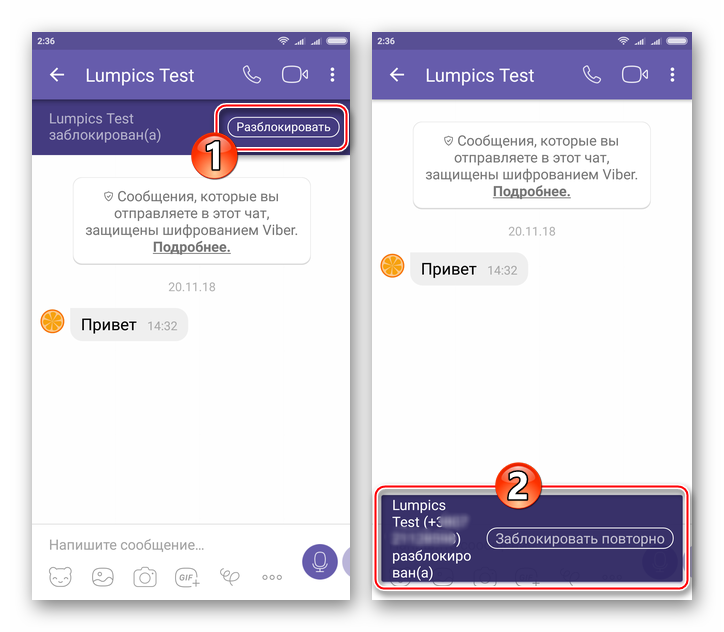 Viber для Android кнопка Разблокировать на экране диалога с участником из черного списка