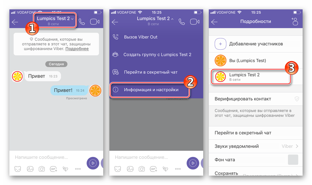 Viber для iPhone меню другого участника - Информация и настройки