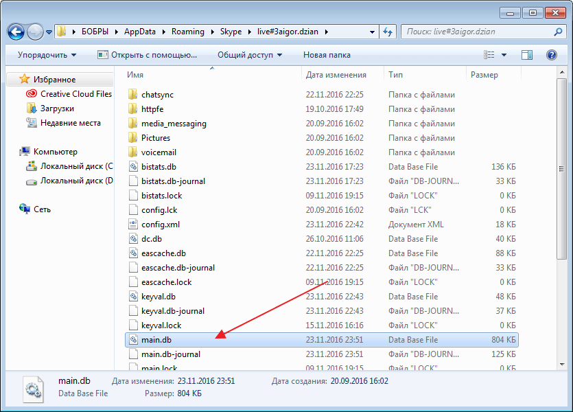 Копировать папку main.db для решения проблемы со входом в Skype