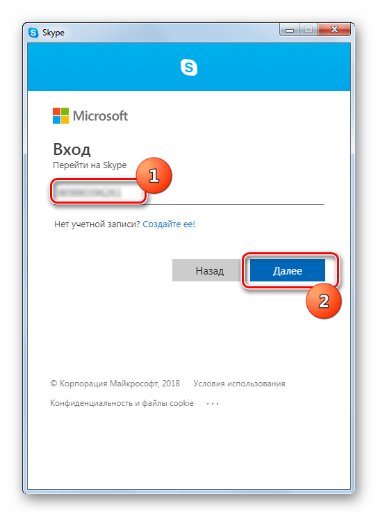 Ввод логина для авторизации в Skype 8