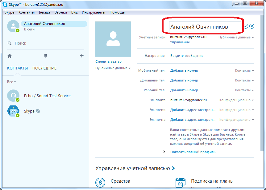Имя в Skype