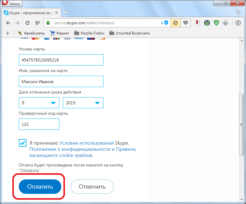 Ввод данных для оплаты через банковску карту в Skype