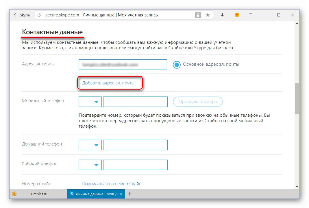 Добавить новый адрес электронной почты в контактные данные в Skype 8 для Windows