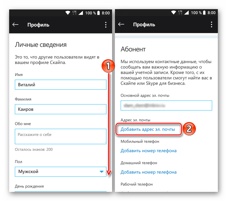 Изменение личные сведений о профине в мобильной версии приложения Skype