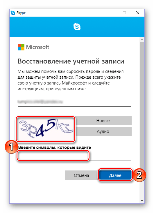 Ввод символов для начала процедуры восстановления пароля в Skype 8 для Windows