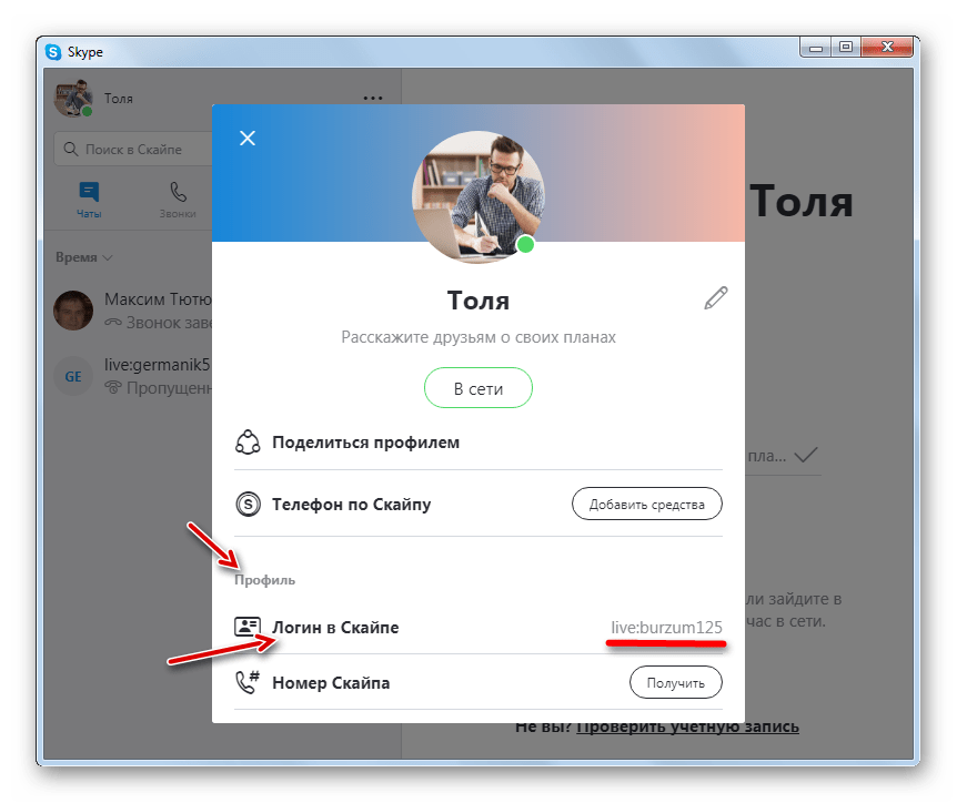 Логин в скайпе в окне настроек своего профиля в программе Skype 8