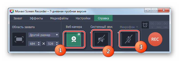 Отключение вебкамеры и включение системного звука и микрофона в программе Movavi Screen Recorder