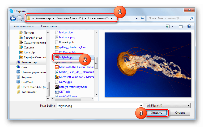 Выбор картинки в окне открытия файлов в Skype 8