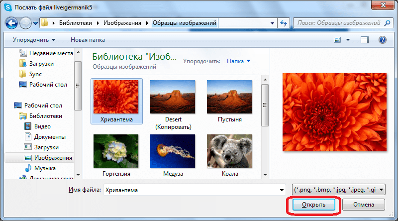 Открытие фотографии в Skype