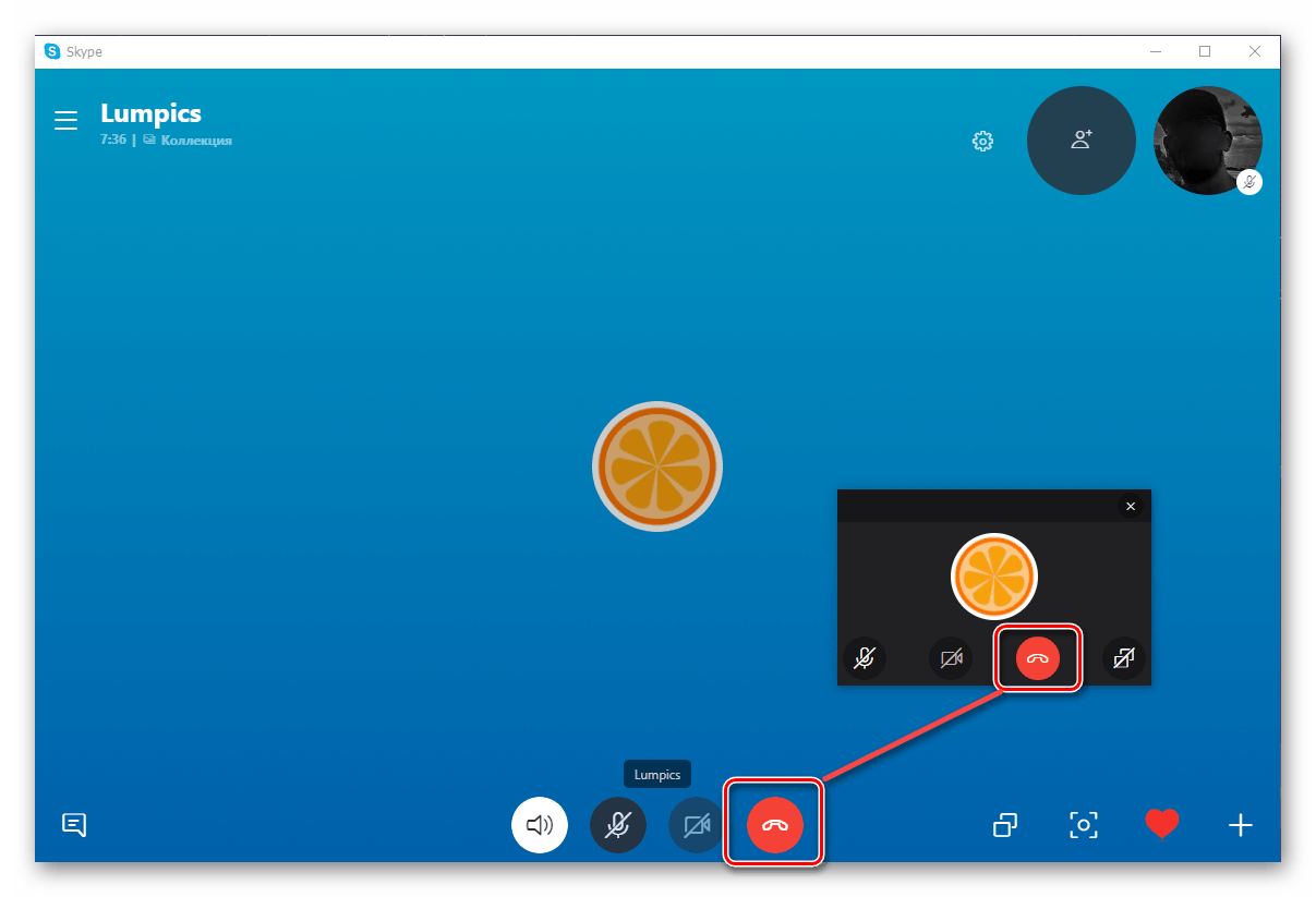 Завершение разговора после демонстрации экрана в Skype 8