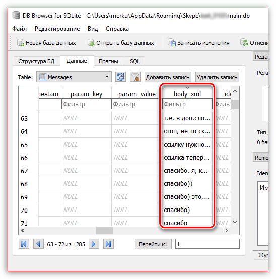 Поиск сообщений Skype в программе DB Browser for SQLite