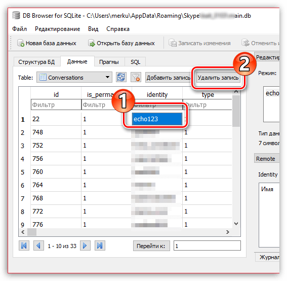 Удаление переписки Skype в программе DB Browser for SQLite