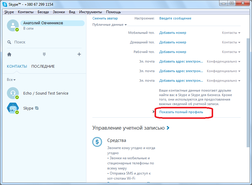 Показ полного профиля в Skype