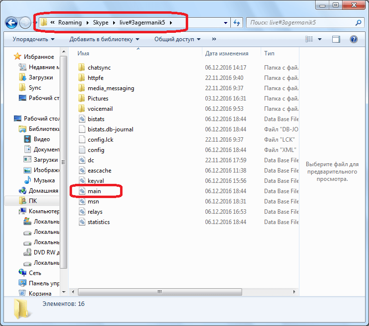 Файл main.db в Skype