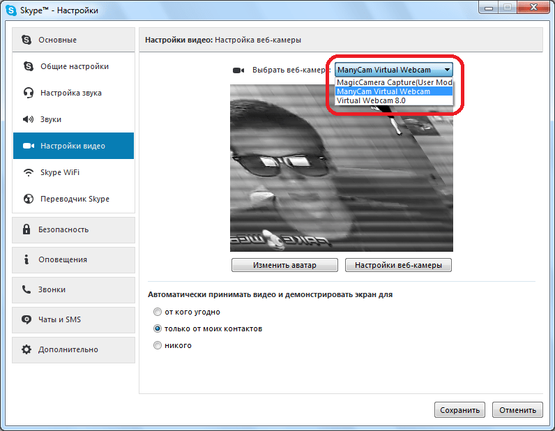 Выбор камеры в Skype