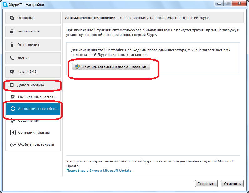 Установка автоматического обновления в Skype