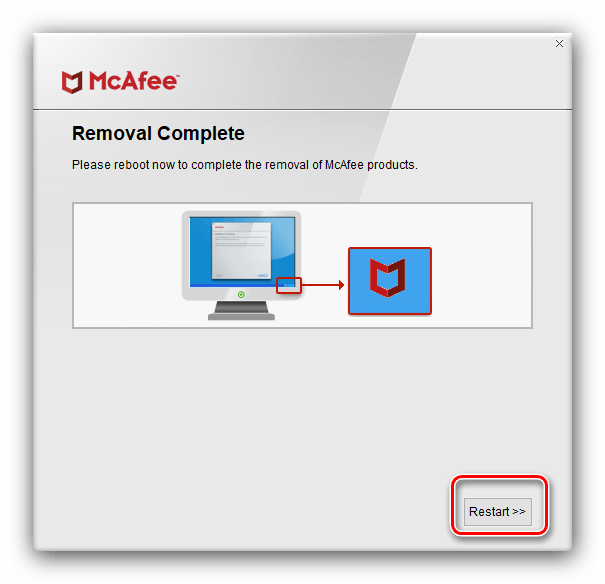 Закончить удаление антивируса McAfee посредством официальной утилиты