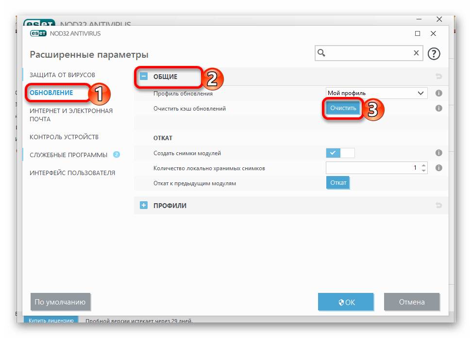 Очищение кэша в разделе расширенных параметров в антивирусной программе ESET NOD32 Antivirus