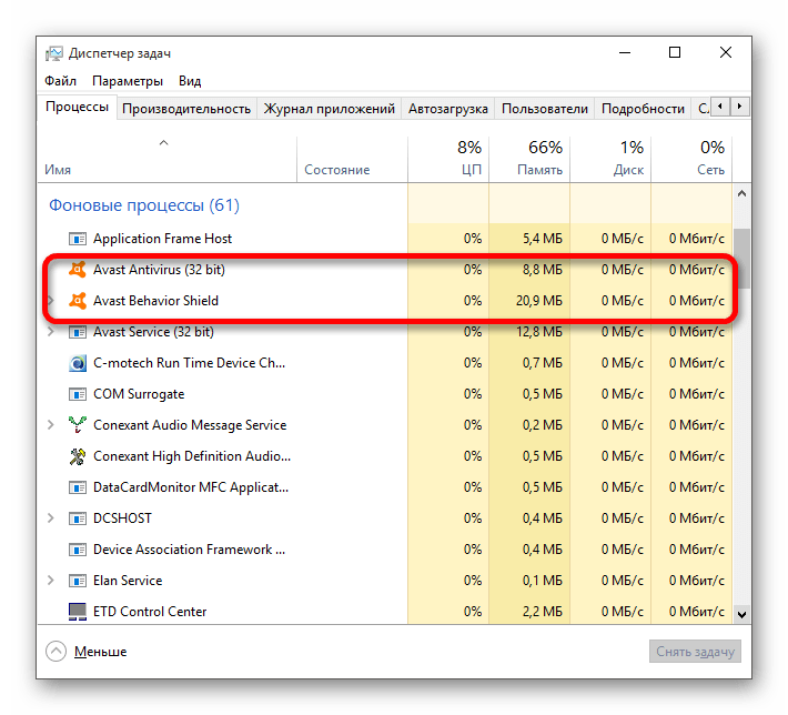 Просмотр нагрузки антивируса Avast на устройство с помощью диспетчера задач