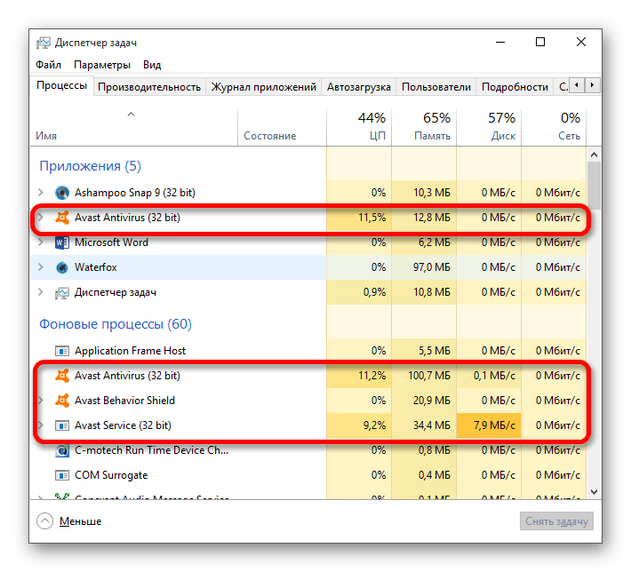 Просмотр в диспетчере задач нагрузки на систему антивирусом Avast при сканировании