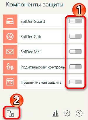 Выключение всех компонентов защиты в антивирусной программе DrWeb