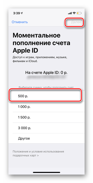 Выбор суммы для пополнения счета Apple ID iPhone