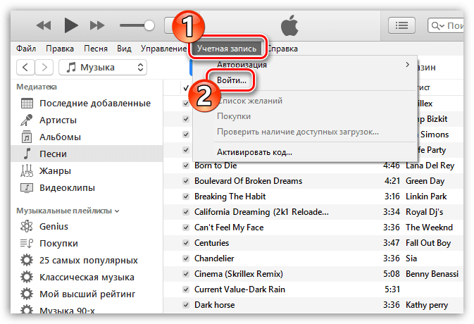 Вход в учетную запись в iTunes