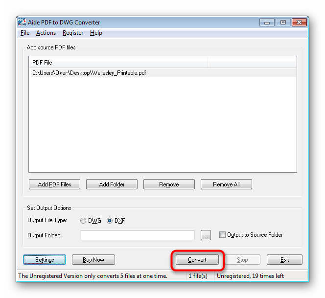 Запуск конвертирования в Aide PDF to DWG Converter