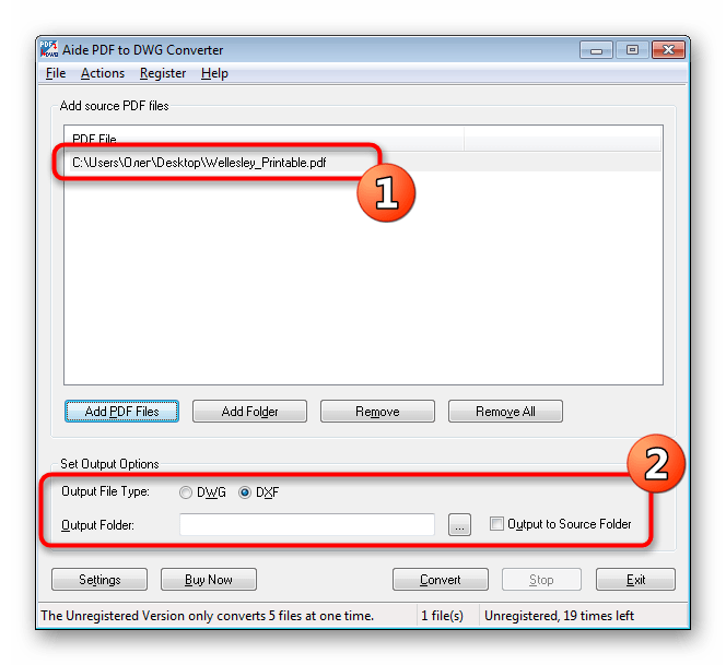 Выбор места для сохранения файла в Aide PDF to DWG Converter