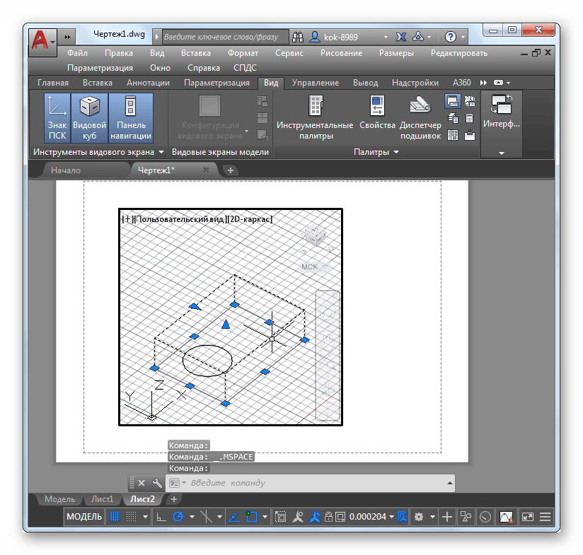 Вид рабочей области в программе AutoCAD