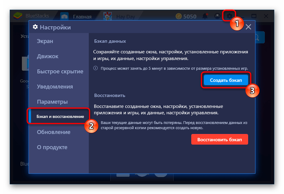 Создание резервной копии в настройках BlueStacks